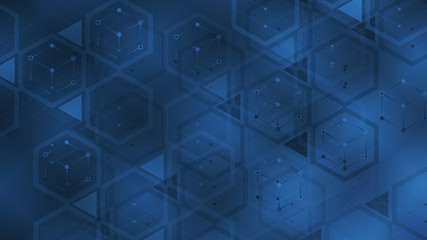 Abstract technology background 16:9. Glowing sci-fi interface with  lines, bright sparkles. Triangle and hexagon shape
