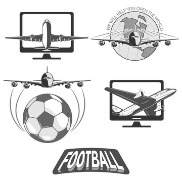 
soccer ball and a stylized image of the globe. flies a large passenger plane. isolate on white background.