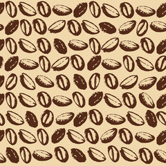 Vector seamless pattern with hand drawn coffee beans isolated on white background. Stamp coffee seeds, stains & texture. Perfect for packaging paper, package design, banners etc.
