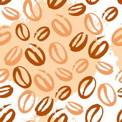 Vector seamless pattern with hand drawn coffee beans isolated on white background. Stamp coffee seeds, stains & texture. Perfect for packaging paper, package design, banners etc.