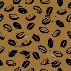 Vector seamless pattern with hand drawn coffee beans isolated on white background. Stamp coffee seeds, stains & texture. Perfect for packaging paper, package design, banners etc.