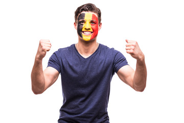 Victory, happy and goal scream emotions of Belgium football fan in game support of Belgium national...