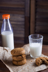 homemade cookies and milk  wooden background