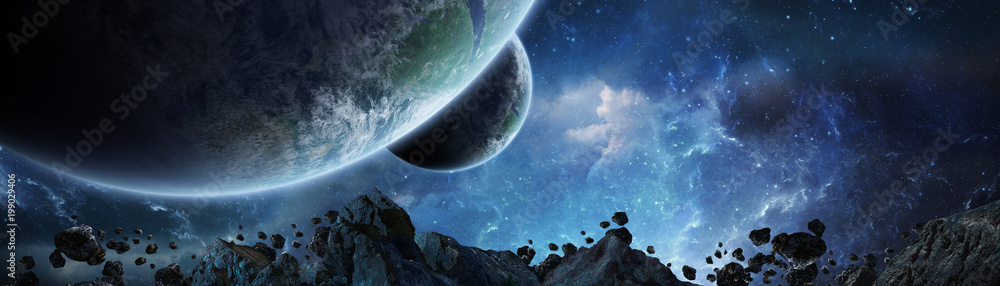 Poster panoramic view of planets in distant solar system 3d rendering elements of this image furnished by n