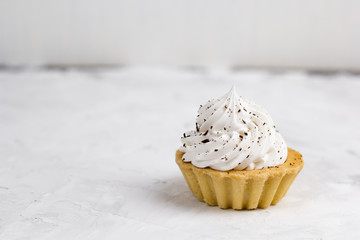 cupcake with cream decorated with chocolate chips concrete background