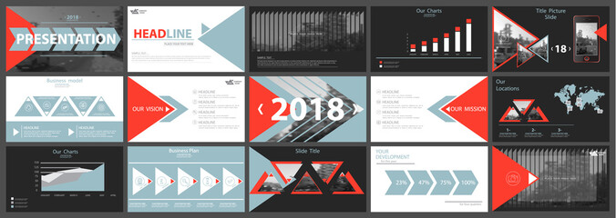 Set of red white informational elements for presentation templates, infographics, background 2018. Template, business, corporate reporting, marketing, advertising. Annual report, postcard, banner