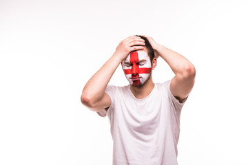 Upset loser fan support of England national team with painted face isolated on white background