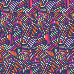 Seamless pattern with tribal chaotic hand drawn warm colors lines. Abstract fashion trendy vector texture with colorful doodle scratches for textile, wrapping paper, surface, background, wallpaper