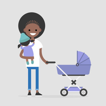 recommend clip art: Young mother walking with a child. Stroller. Holding a baby. Modern family. Flat editable vector illustration, clip art