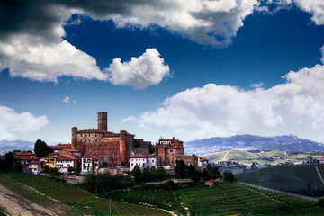 View of Castiglione Falletto, with its castle, in the wine production area of Barolo wine, in the Langhe. UNESCO World Heritage Site. 