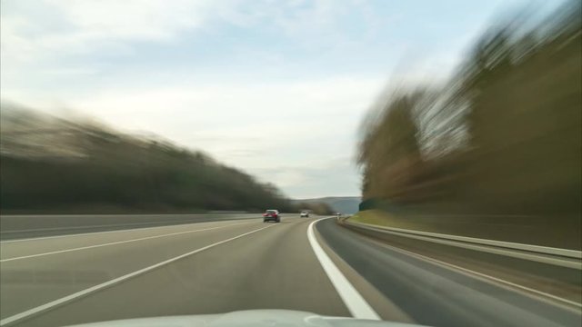 Time lapse of a driving on the longest German Autobahn A7 on the site between Fulda and Kassel. 4K.