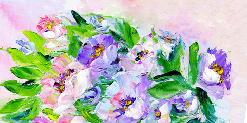 Hand painted modern style pink and purple flowers. Spring flower seasonal nature background. Oil painting floral texture