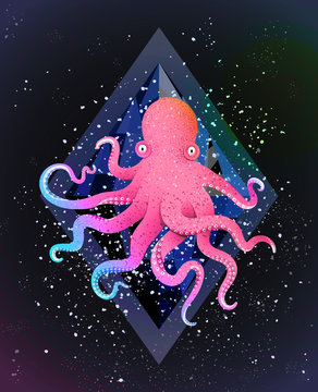 Sea animal on black cosmos backdrop with stars and gem. Vector design.