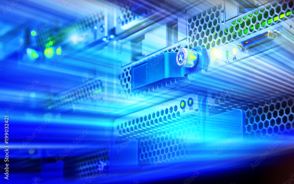 Poster servers and hardware room computer technology concept close-up photo with blur and motion