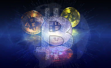 Three bitcoin inside abstract planet earth on particle background, binary code and symbol bitcoin