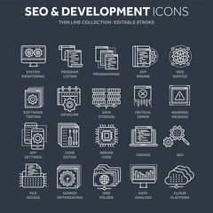 Seo and app development. Search engine optimization. Internet, e-commerce.Thin line white web icon set. Outline icons collection. Vector illustration.