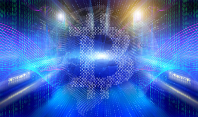 Process of mining cryptocurrency with bitcoin symbol on the background of particles of the planet earth, program binary code in modern data center