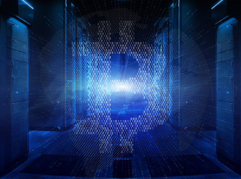Bitcoin crypto currency sign on globe inside symmetric server room with rows of mainframes in modern data center, futuristic dark design