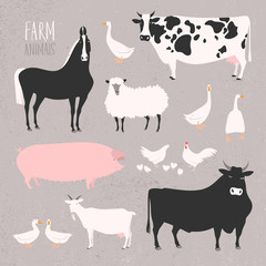 Vector illustration of stylized farm animals and poultry