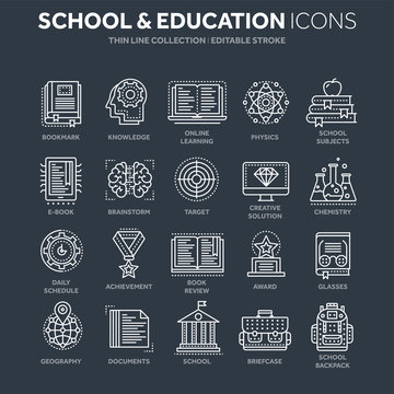 School education, university. Study, learning process. Oline lessons, tutorial. Student knowledge. History book.Thin line white web icon set. Outline icons collection.Vector illustration.