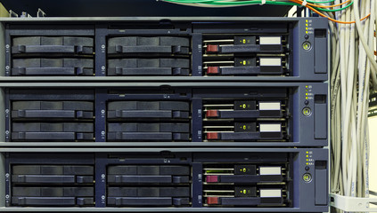 The front panel of the old server closeup. Internet technology, obsolescent technology. Engineering technology
