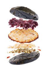 Delicious hamburger with flying ingredients isolated on white background. Freshly burger with fish chop