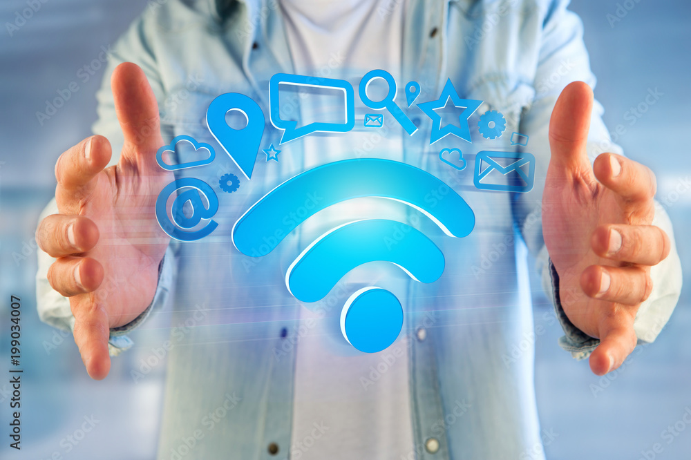 Poster wifi symbol connection surrounded by multimedia and internet application logo - 3d rendering