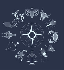 Zodiac signs circle over dark sky