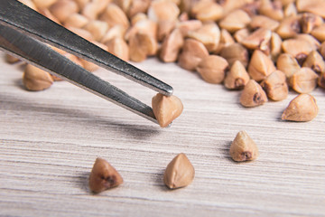 Buckwheat grains close-up. Macro photography.