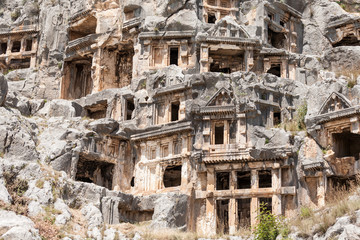 Ancient lycian necropolis  with tomb carved in rocks in Mira,