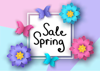 Spring   sale banner with paper   flowers  and  butterflies.