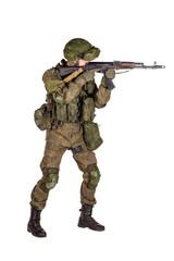 russian special forces soldier with rifle on dark background. army, military and people concept