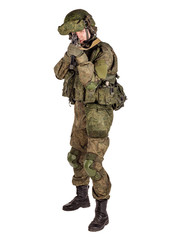 russian special forces soldier with rifle on dark background. army, military and people concept