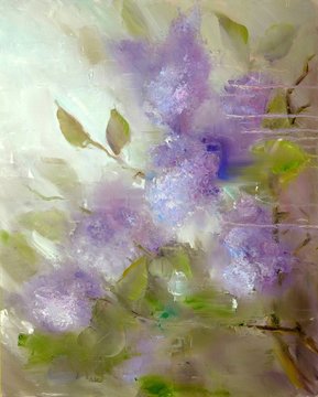 Lilac flowers ander rain. Spring flowers invitation oil painting on canvas