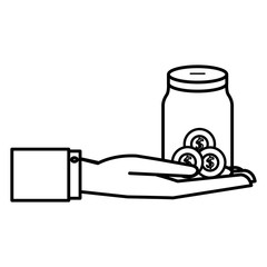 hand lifting glass jar with coins money vector illustration design