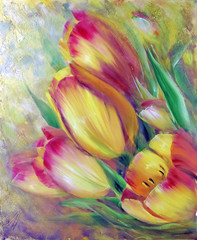 Vintage yellow red tulips . Oil painting on canvas