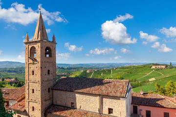 Fototapeta na wymiar Old church and green vineyards in Italy.