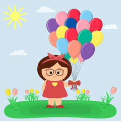 A girl in a red dress and glasses holds balloons, a glade with tulips, the sun and sky.