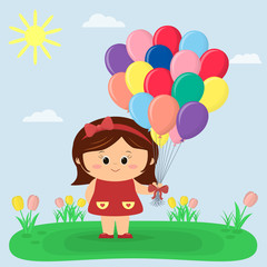 A girl in a red dress and bow holds balloons, a glade with tulips, the sun and sky.