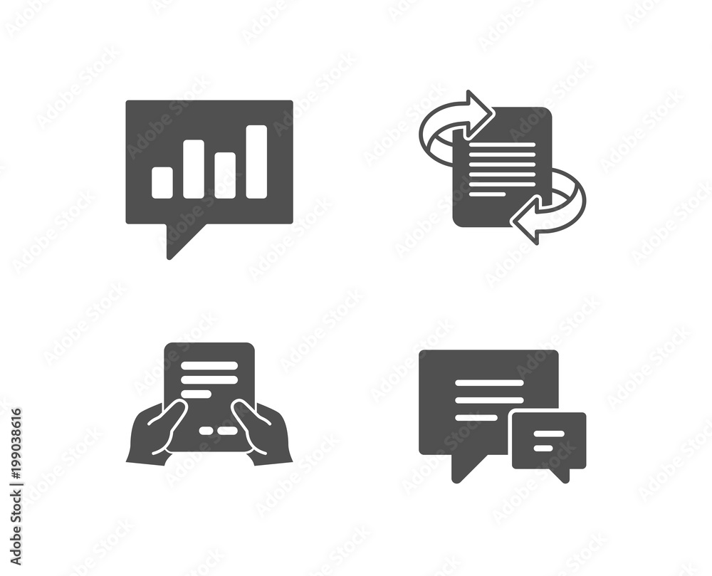 Poster set of receive file, marketing and analytical chat icons. comment sign. hold document, article, comm