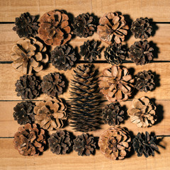 a bunch of cones on a wooden Board