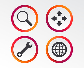 Magnifier glass and globe search icons. Fullscreen arrows and wrench key repair sign symbols. Infographic design buttons. Circle templates. Vector