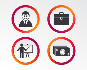 Businessman icons. Human silhouette and cash money signs. Case and presentation symbols. Infographic design buttons. Circle templates. Vector