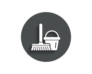 Cleaning bucket with mop simple icon. Washing Housekeeping equipment sign. Circle flat button with shadow. Vector © blankstock
