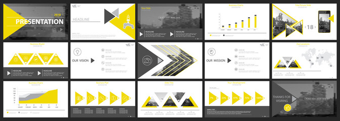 Yellow, gray, elements of presentation templates, white background. Slide set.2018. Regional infographic. Business presentations, corporate reports, marketing, advertising, annual, booklets,banners