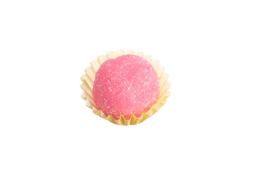 Bicho de pe is a strawberry flovoured brazilian candy. Children birthday party sweet. Overhead of candy ball in white background.