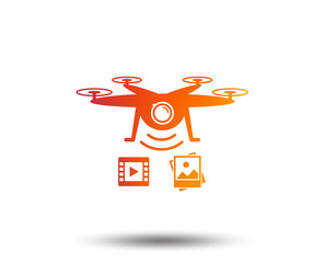 Drone icon. Quadrocopter with video and photo camera symbol. Blurred gradient design element. Vivid graphic flat icon. Vector