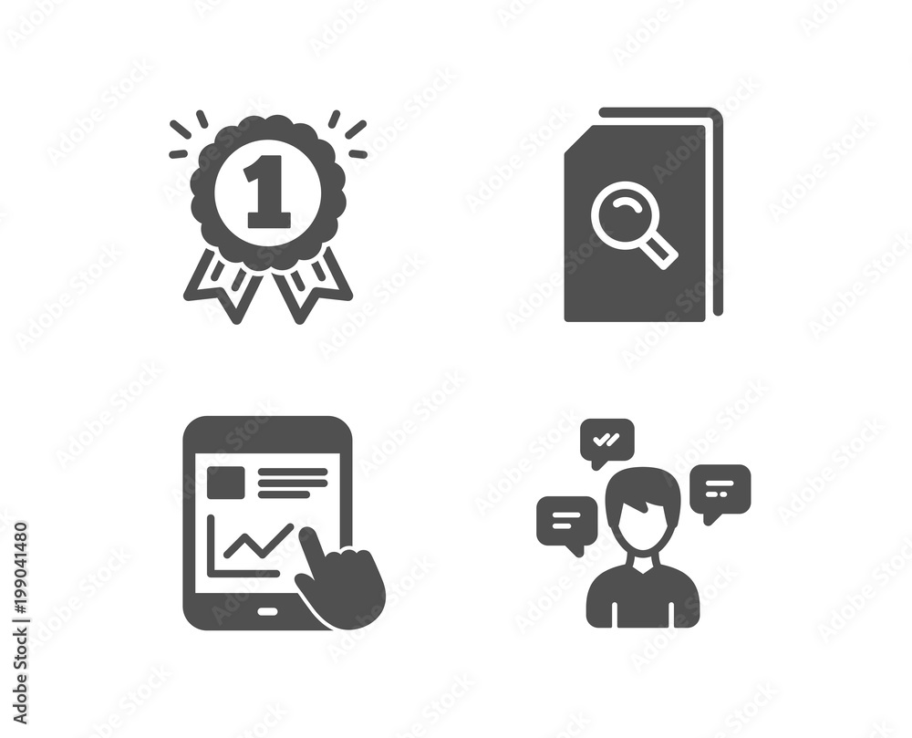 Poster set of search files, internet report and reward icons. conversation messages sign. magnifying glass,