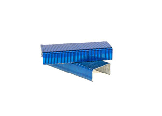 Staples for a stapler of blue color on a white background