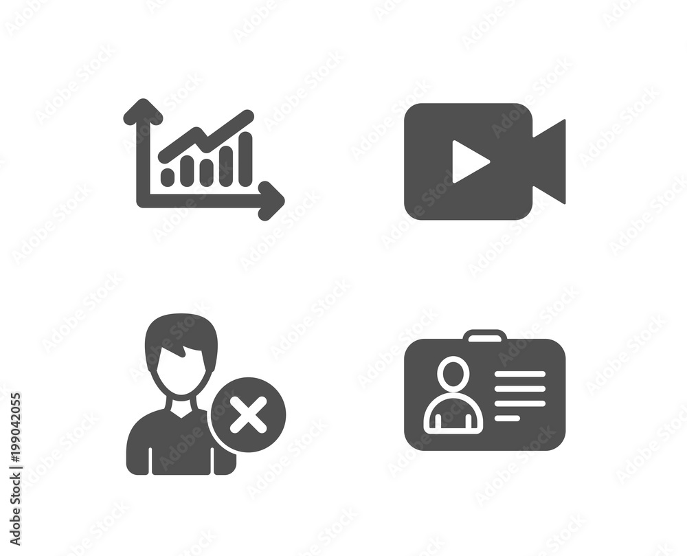 Poster set of graph, remove account and video camera icons. id card sign. presentation diagram, delete user
